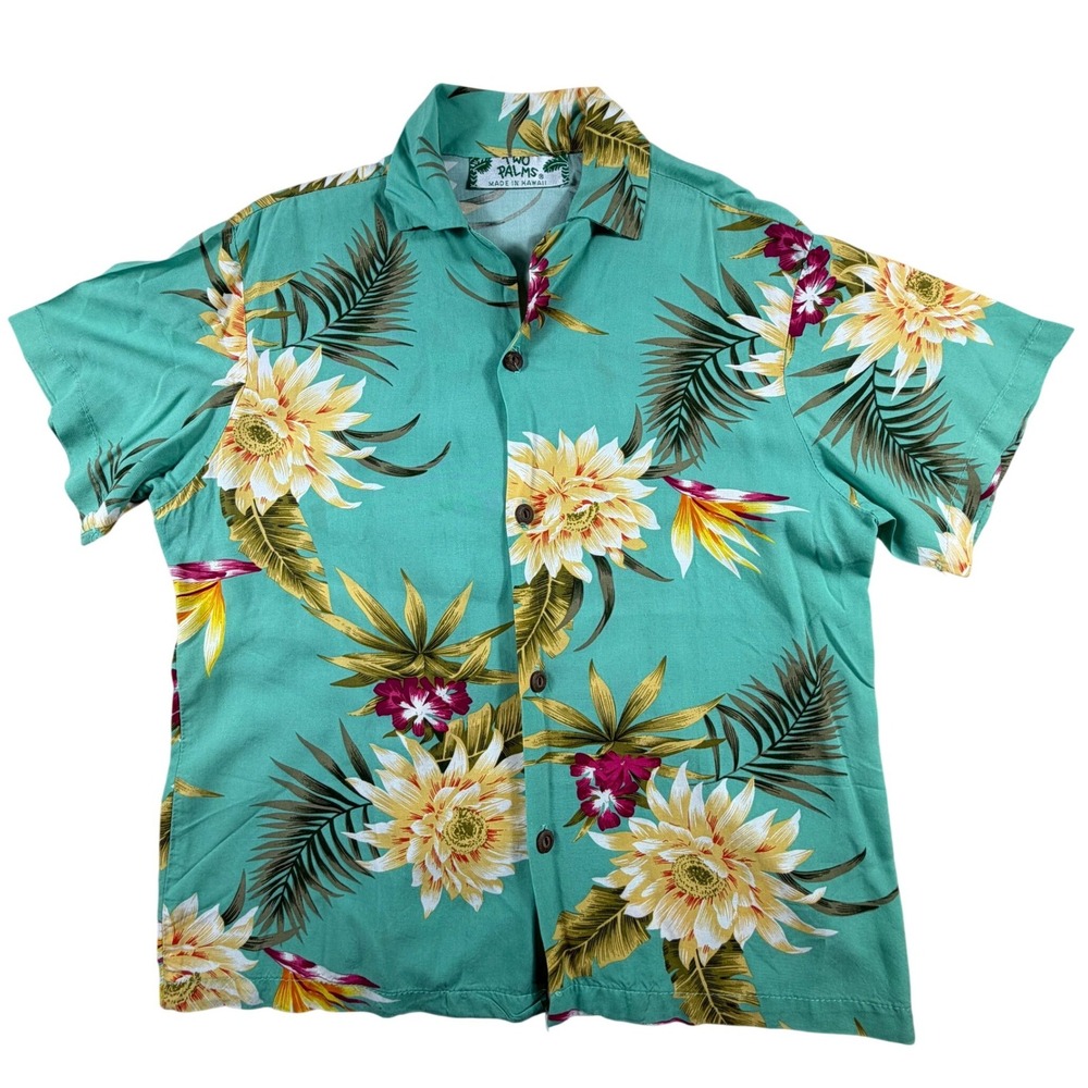 Two Palms Kids Hawaiian Shirt Teal Floral Tropical Rayon Size 10 Made in Hawaii